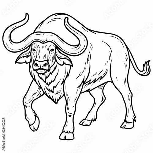 Detailed Line Art of Water Buffalo with Strong Horns and Sturdy Build