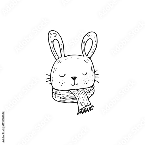 Cute doodle cartoon of a little bunny head wearing a scarf vector illustration.