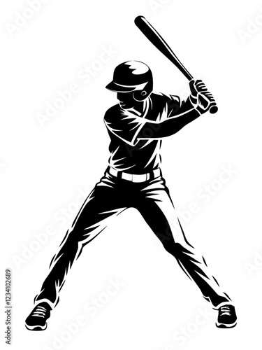 Silhouette of Baseball Player Swinging Bat in Action, Dynamic Line Art