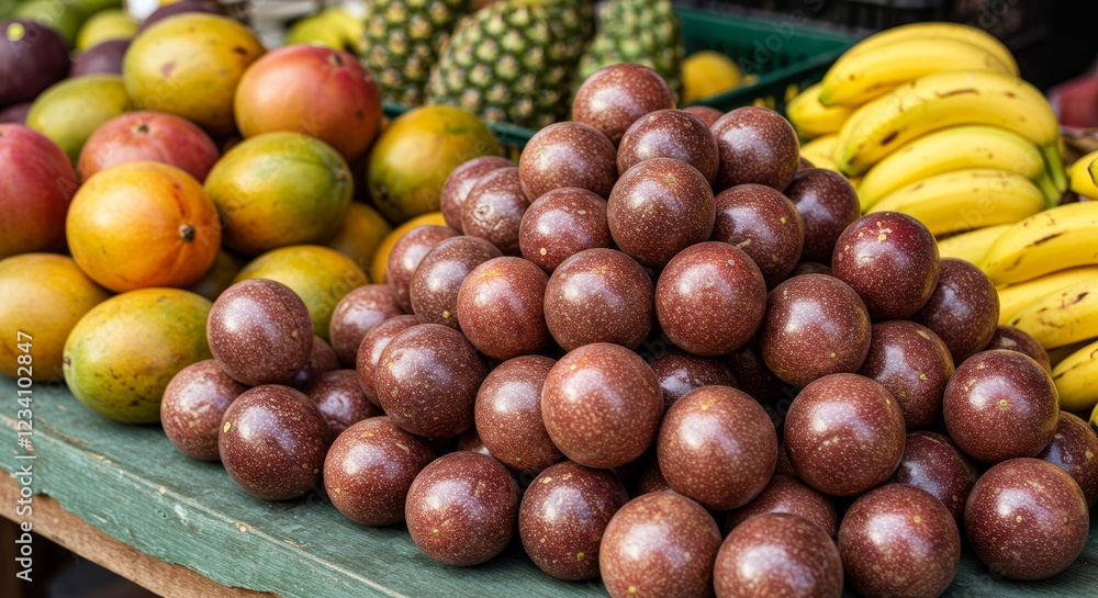 An abundance of fresh tropical fruits including passion fruit mangoes and bananas at the market An abundance of fresh tropical fruits including passion fruit mangoes and bananas at the market