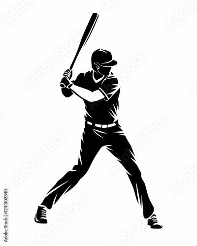 Silhouette of Baseball Player Swinging Bat in Action, Dynamic Line Art