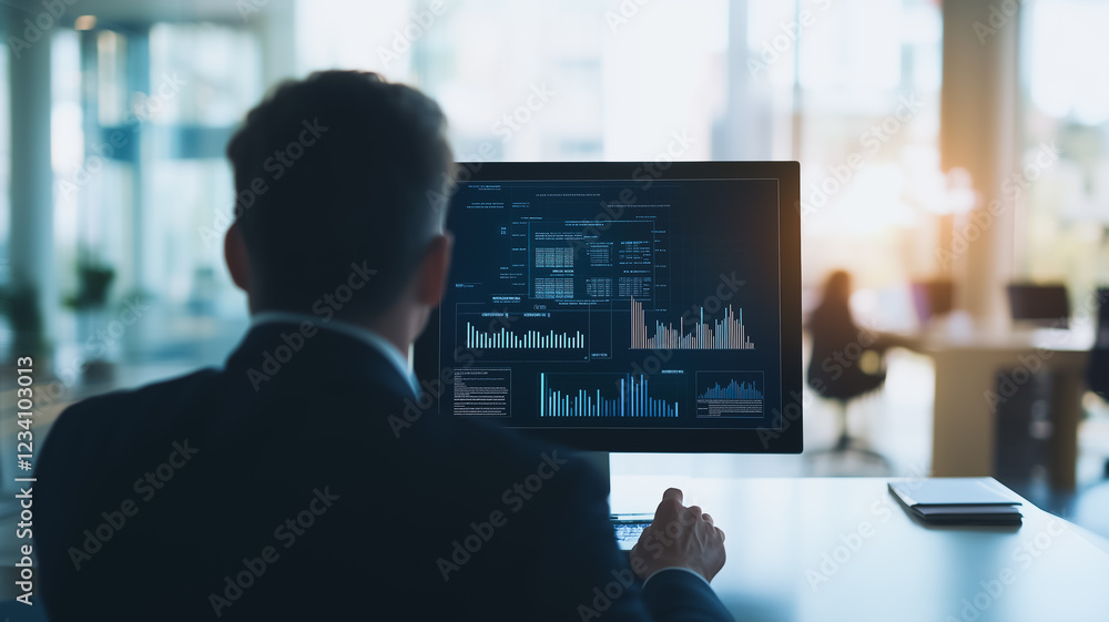Data Analyst at Work: A focused businessman sits at his desk, reviewing detailed data analytics on a large computer screen. The image conveys concentration, strategic planning. Data Analyst at Work: A focused businessman sits at his desk, reviewing detailed data analytics on a large computer screen. The image conveys concentration, strategic planning.