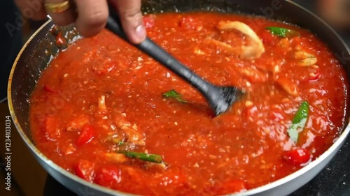 Tomato Sauce Cooking in pan with chiken Close view