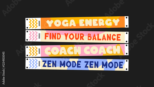 Wristband control bracelets for yoga, zen mode, coach, teacher, breatche, balance, relax, yoga. Vector mockup of yoga bracelet in a cartoon style
