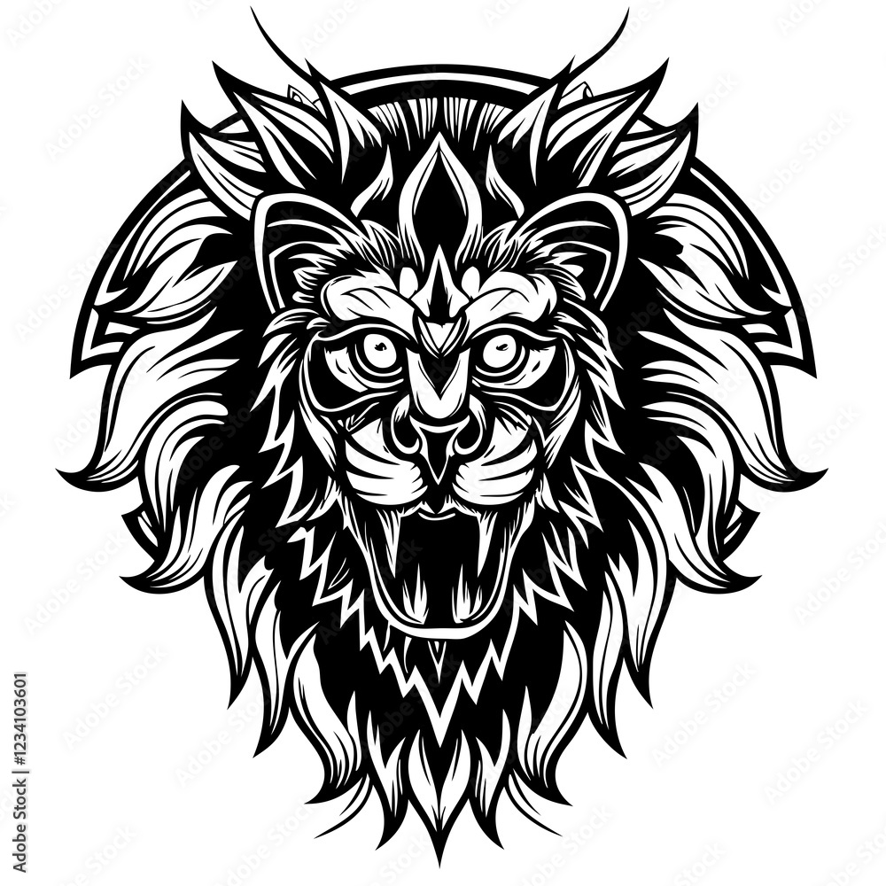 Fototapeta premium Intricate Tribal Lion Head with Bold Lines and Fierce Expression