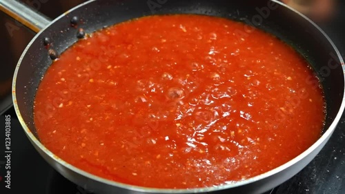 Tomato sauce boiling in pan on stove, Tomato Sauce Cooking in pan Close view