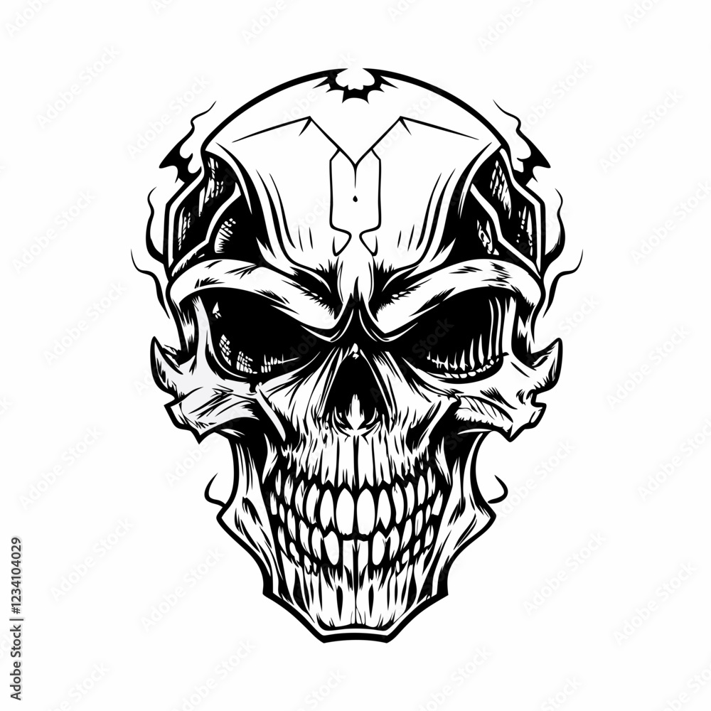 Fototapeta premium Intricate Tribal Skull with Hands Gripping the Head and Bold Line Art
