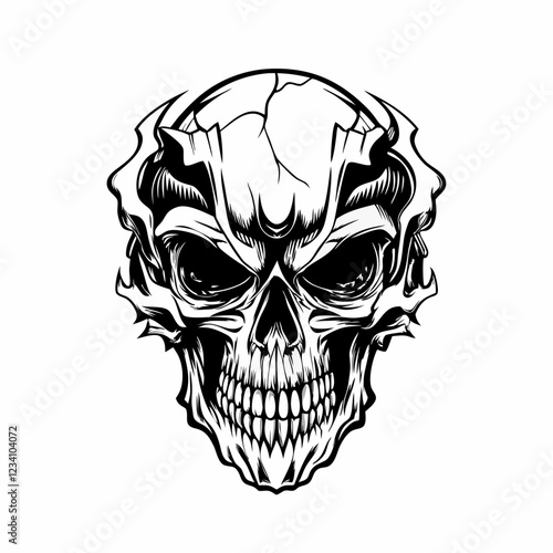 Intricate Tribal Skull with Hands Gripping the Head and Bold Line Art