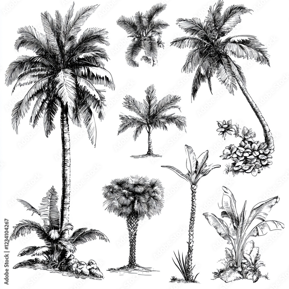 Naklejka premium Tropical Palm Collection: Hand-drawn illustrations of various palm trees and tropical plants, showcasing diverse styles and sizes in a detailed ink sketch style.