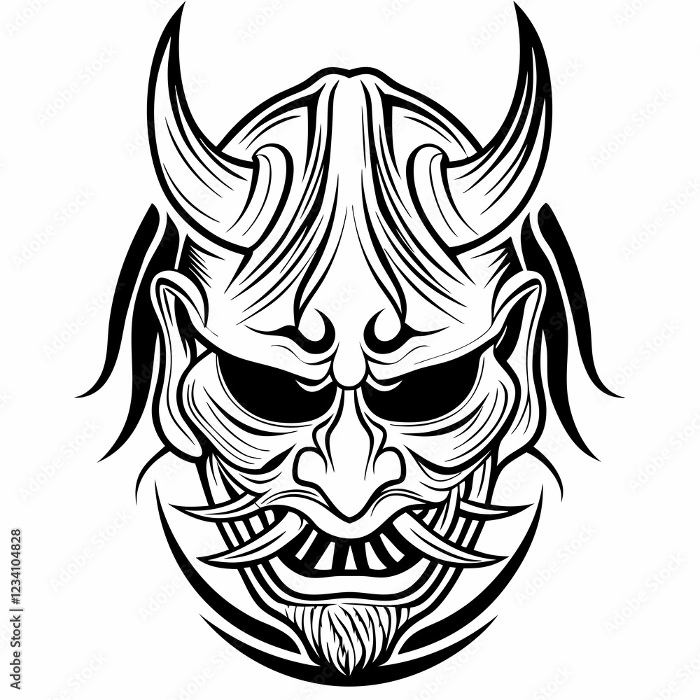 Fototapeta premium Tribal Demon Mask with Horns and Fierce Expression in Bold Line Art
