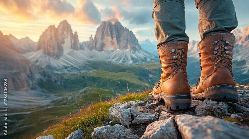 Majestic Mountain Landscape with Hiker Boots at Sunset Viewpoint Majestic Mountain Landscape with Hiker Boots at Sunset Viewpoint