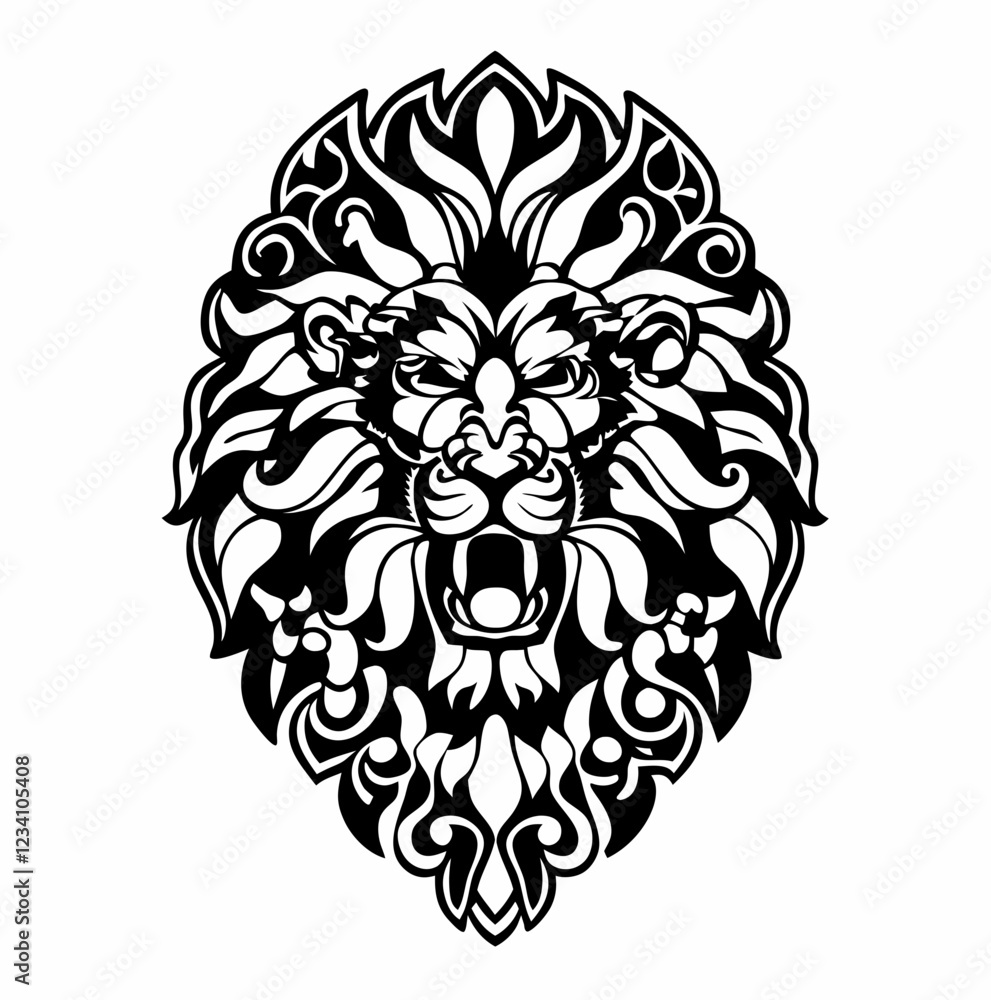 Obraz premium Tribal Lion Head with Intricate Line Art and Flowing Mane Design