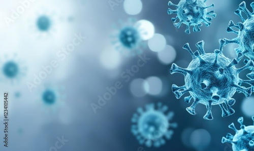 Microscopic view of virus particles in blue light, representing the study of infectious diseases and their impact on health.