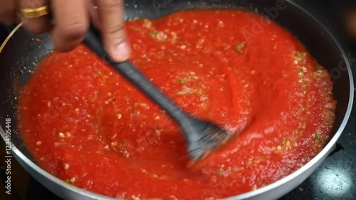 Tomato Sauce Cooking in pan Close view, Tomato sauce boiling