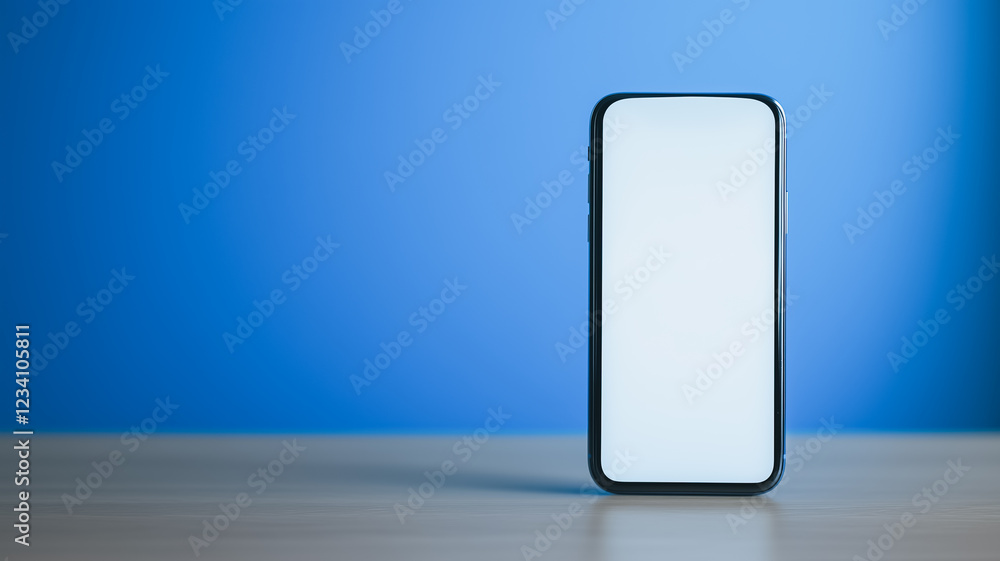 Smartphone Mockup: A sleek black smartphone with a blank white screen stands upright on a light wooden surface against a vibrant blue background, providing ample space for your app or website design. Smartphone Mockup: A sleek black smartphone with a blank white screen stands upright on a light wooden surface against a vibrant blue background, providing ample space for your app or website design.