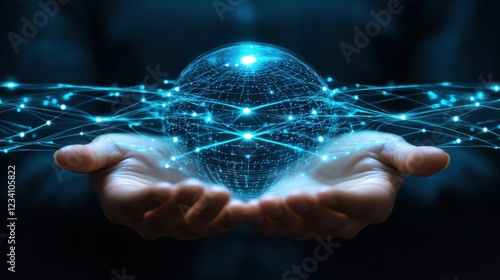 Hands Holding a Glowing Sphere with Digital Network Connections