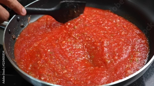 Tomato Sauce Cooking in pan Close view, Tomato sauce boiling