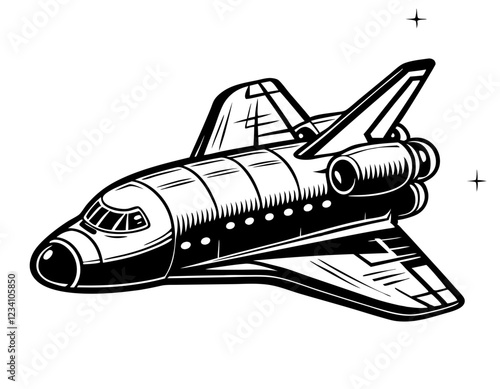 Detailed Line Art of a Space Shuttle with Futuristic Design and Mechanical Details