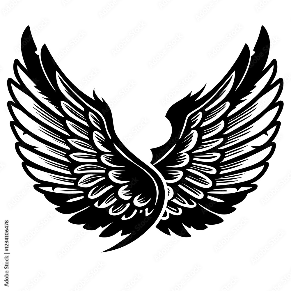 Fototapeta premium Detailed Line Art of Angel Wings with Intricate Feathers and Symmetrical Design