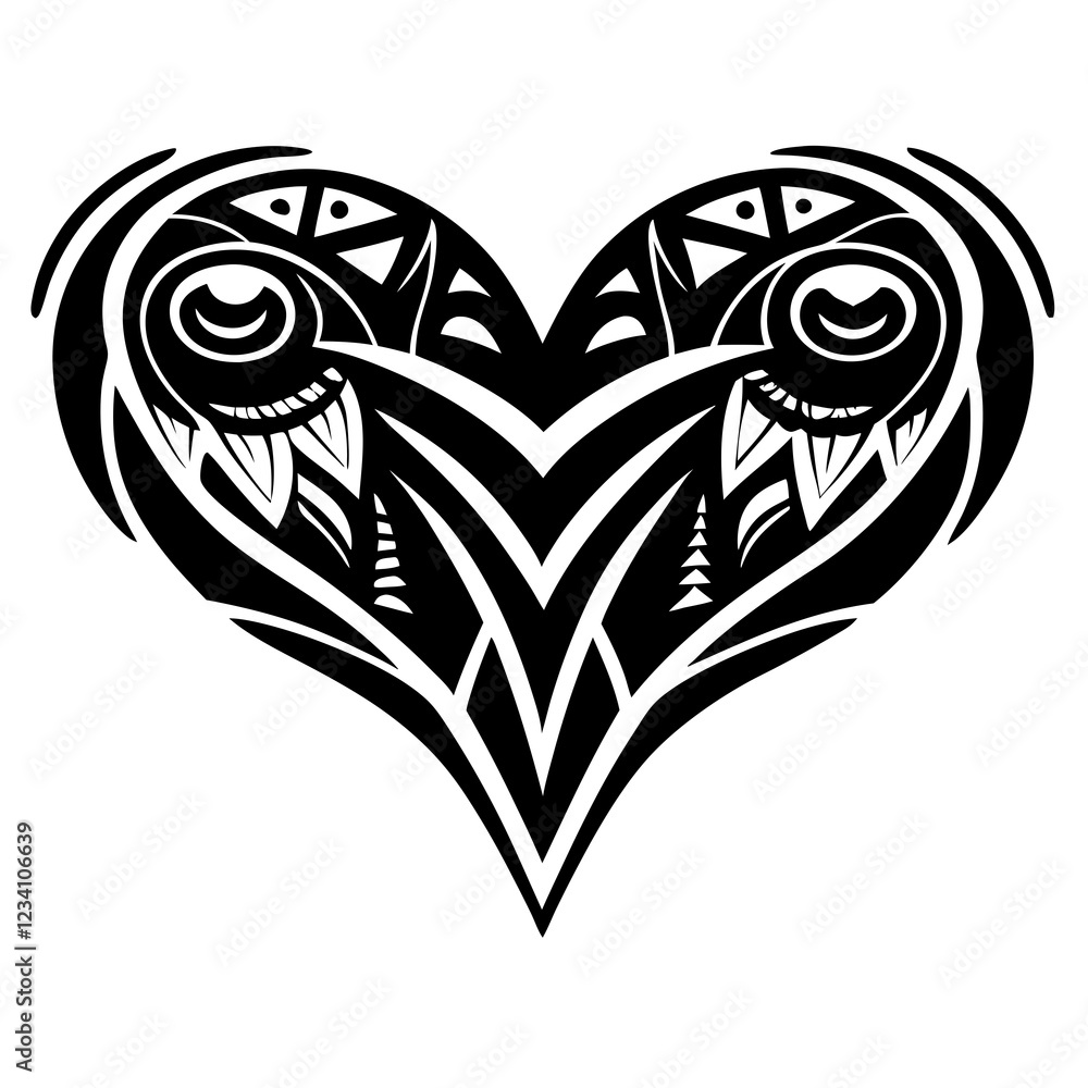 Obraz premium Tribal Heart-Shaped Design with Two Birds and Intricate Feather Details