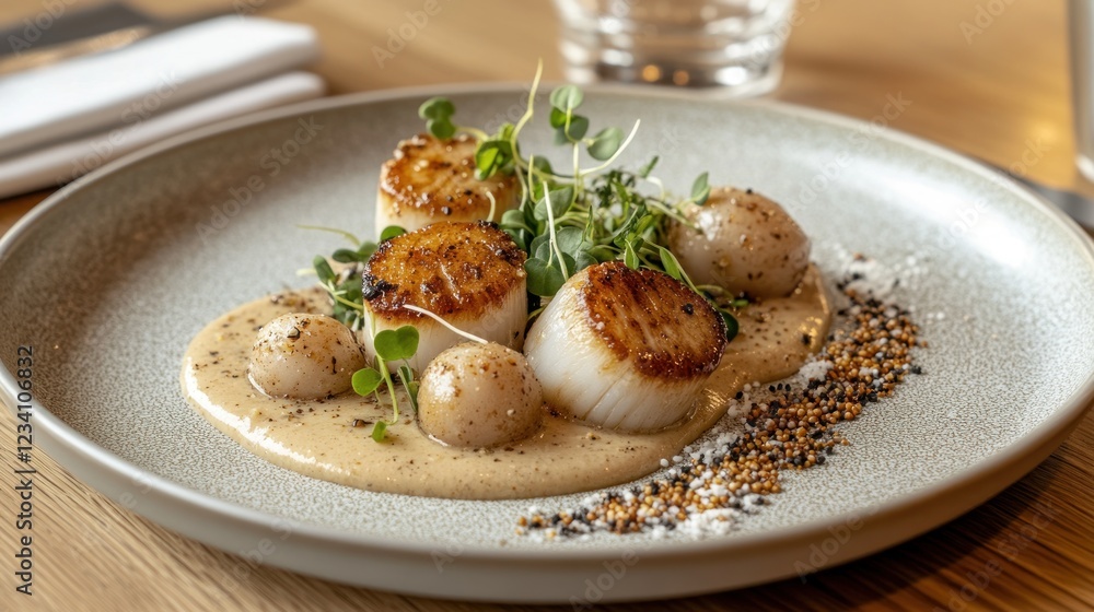 Pan-Seared Scallops with Creamy Sauce and Microgreens Pan-Seared Scallops with Creamy Sauce and Microgreens