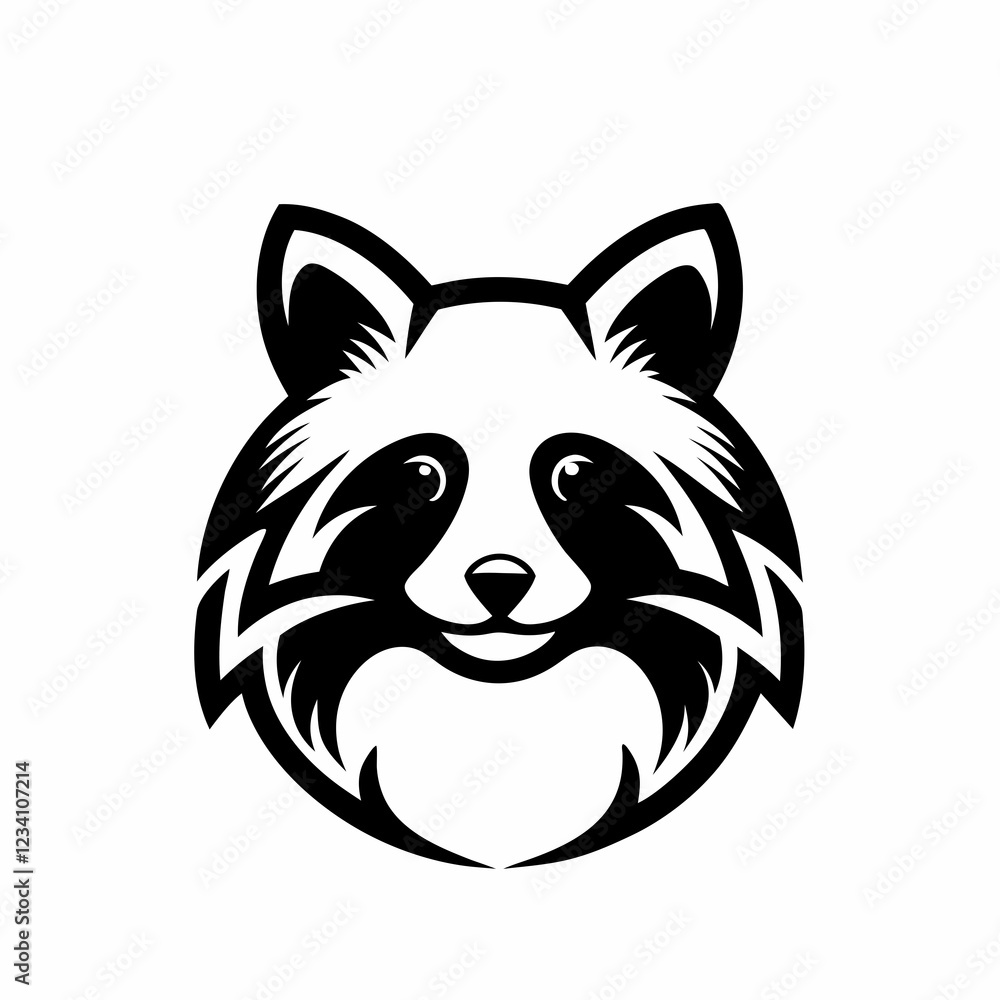 Stylized Raccoon Face with Detailed Fur and Symmetrical Design in Black and White Stylized Raccoon Face with Detailed Fur and Symmetrical Design in Black and White