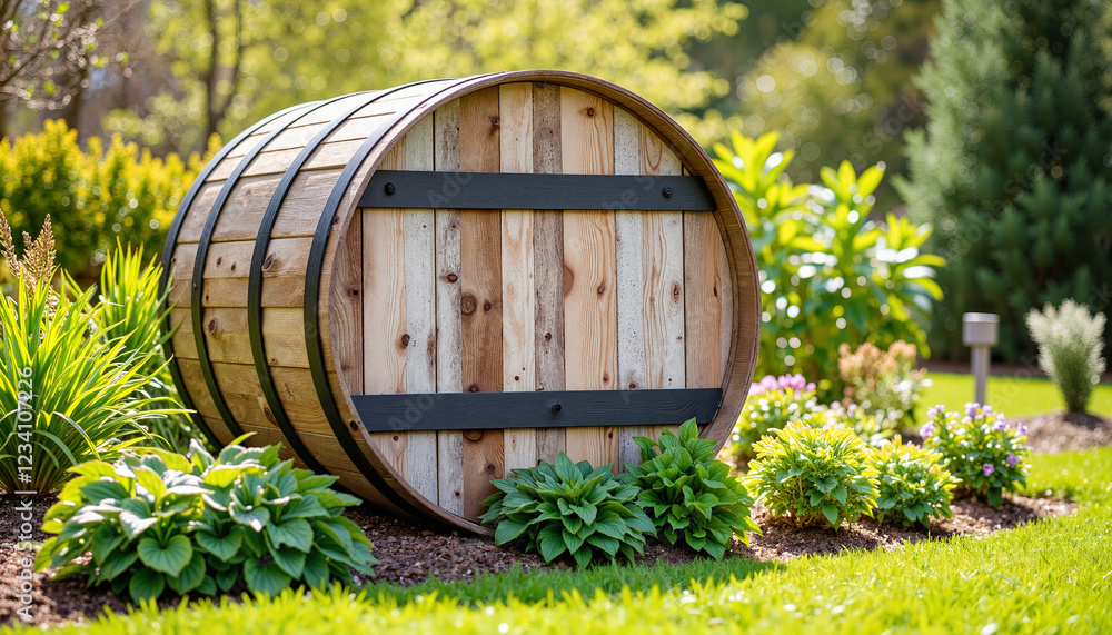 Naklejka premium Rustic wooden rain barrel in vibrant garden during spring, eco-friendly