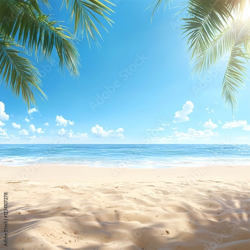 Bright Sunny Tropical Beach Scene with Palm Trees and Ocean