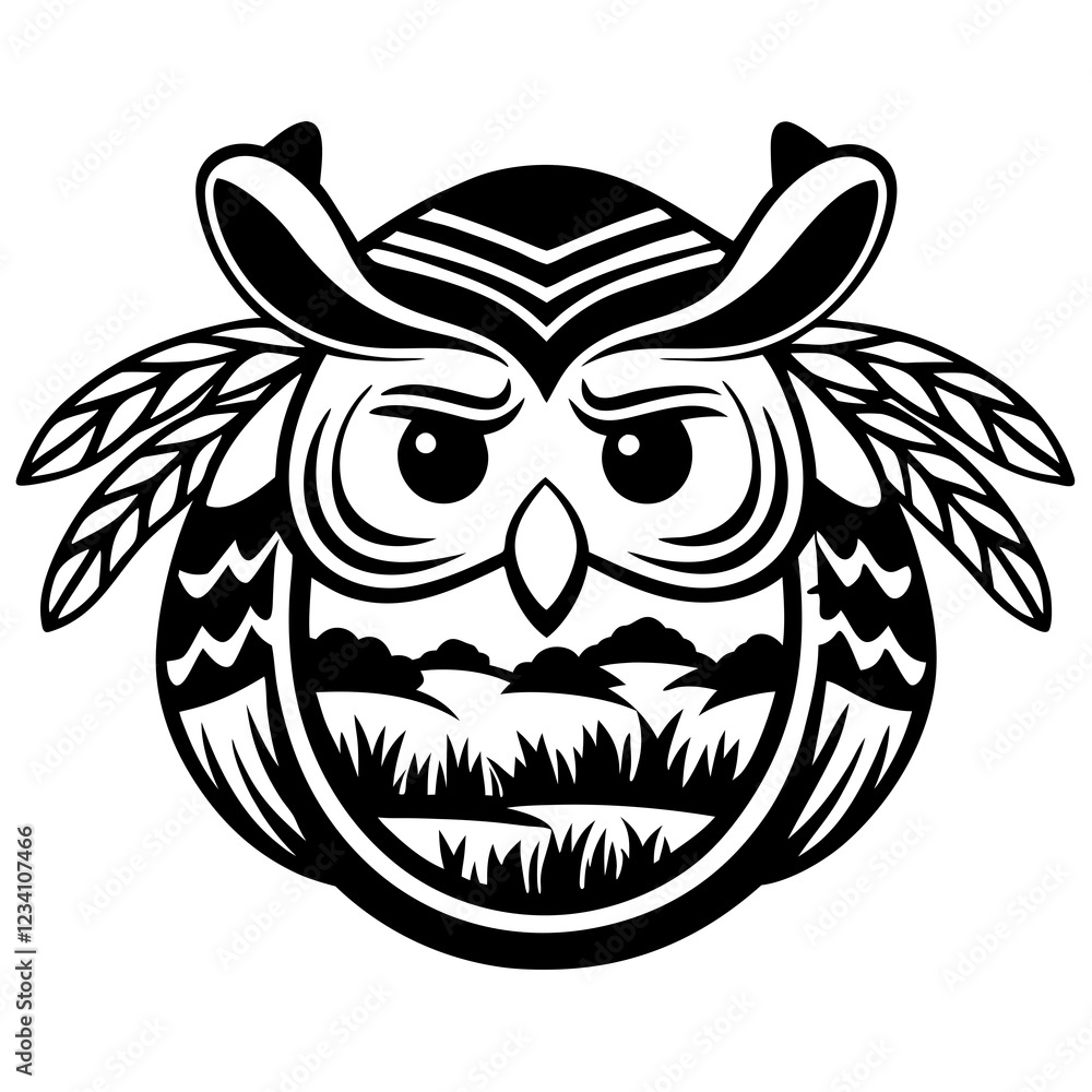 Obraz premium Stylized Owl Character with Big Eyes and Decorative Feathers in Black and White