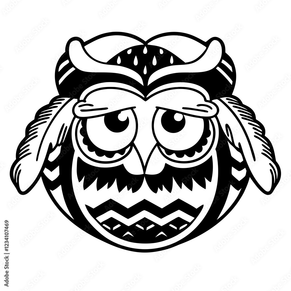 Stylized Owl Character with Big Eyes and Decorative Feathers in Black and White Stylized Owl Character with Big Eyes and Decorative Feathers in Black and White