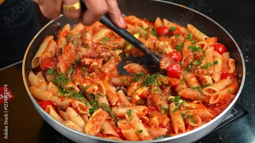Pasta boiling with tomato sauce Close View, Pasta Cooking in pan