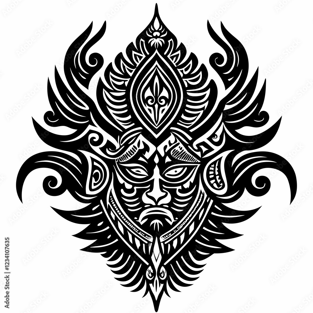 Intricate Tribal Warrior Mask Design with Decorative Elements and Geometric Patterns Intricate Tribal Warrior Mask Design with Decorative Elements and Geometric Patterns