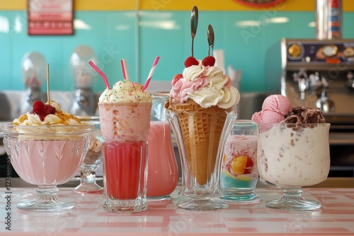 Vintage Ice Cream Parlor Scene with Ornate Glass Dishes and Sundaes