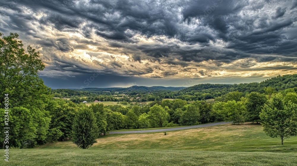 Dramatic Sunset Over Rolling Hills and Lush Green Valley Dramatic Sunset Over Rolling Hills and Lush Green Valley