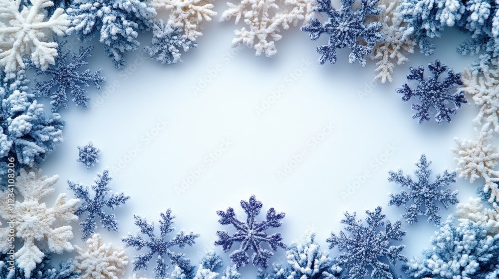 A decorative arrangement of snowflakes framing a blank space for text. A decorative arrangement of snowflakes framing a blank space for text.