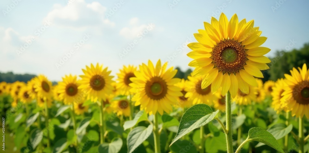 Row of tall yellow sunflowers in a sunny meadow, nature, yellow, sunlight Row of tall yellow sunflowers in a sunny meadow, nature, yellow, sunlight