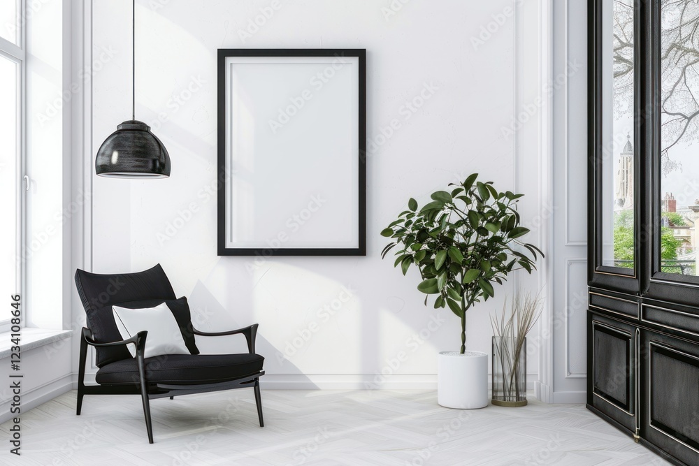White modern room with open swing door furniture chair plant. White modern room with open swing door furniture chair plant.