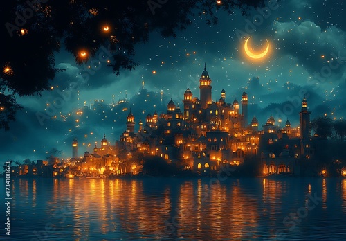 Illuminated Fantasy City by Water at Night with Crescent Moon and Floating Lanterns in the Sky

