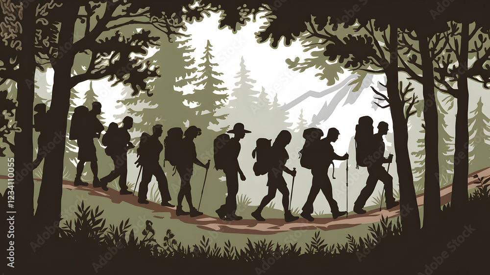 A group of hikers walks through a scenic forest trail in silhouette style, with mountains, trees, and a dramatic sky in the background, perfect for adventure and nature themes. A group of hikers walks through a scenic forest trail in silhouette style, with mountains, trees, and a dramatic sky in the background, perfect for adventure and nature themes.