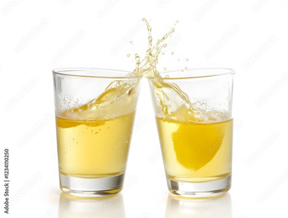 Glasses shot of tequila making toast with splash on white background Glasses shot of tequila making toast with splash on white background