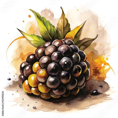 A beautifully detailed watercolor painting of ripe Blackberries on their vine