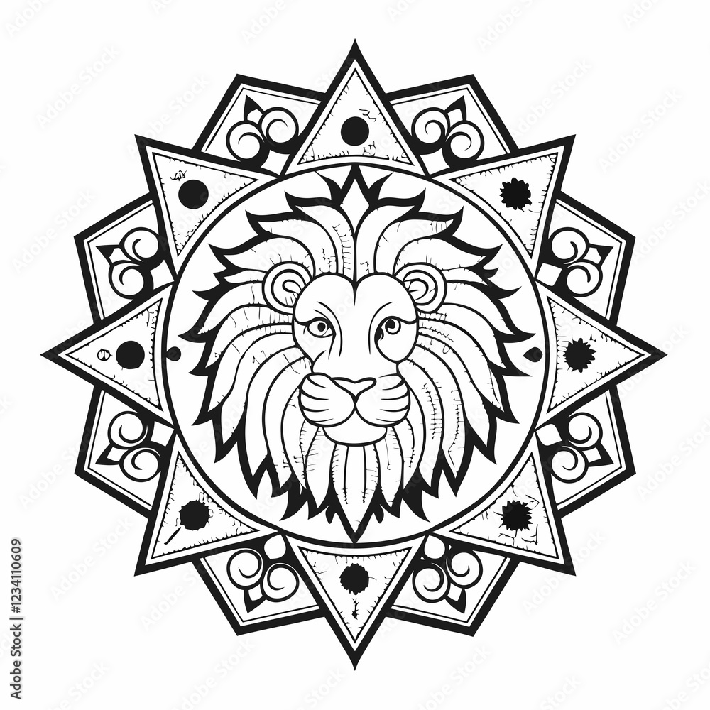 Fototapeta premium Intricate Line Art of Lion Head Surrounded by Floral Mandala Patterns