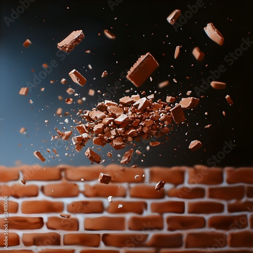Brown Brick Explosion Against Dark Background
