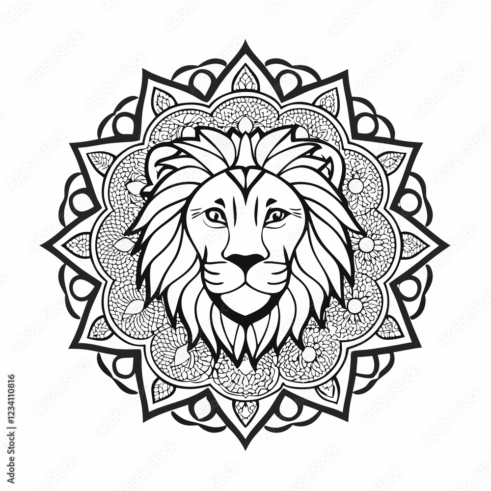 Obraz premium Intricate Line Art of Lion Head Surrounded by Floral Mandala Patterns
