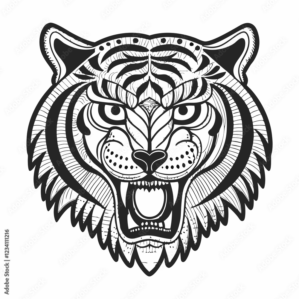 Fototapeta premium Intricate Line Art of Tiger Head with Detailed Geometric and Floral Patterns