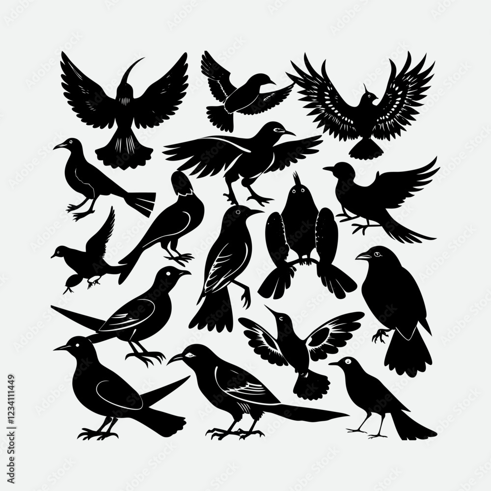 Obraz premium Vector parrot silhouettes of amazon jungle. falcons and hawks set spread wings, isolated on white background