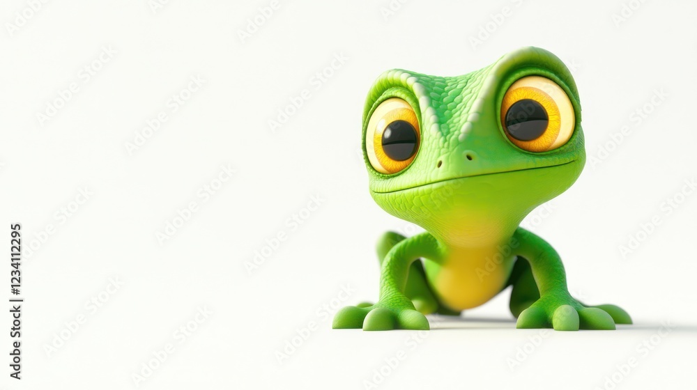Fototapeta premium Cute cartoon gecko, white background, playful, children's book illustration (1)