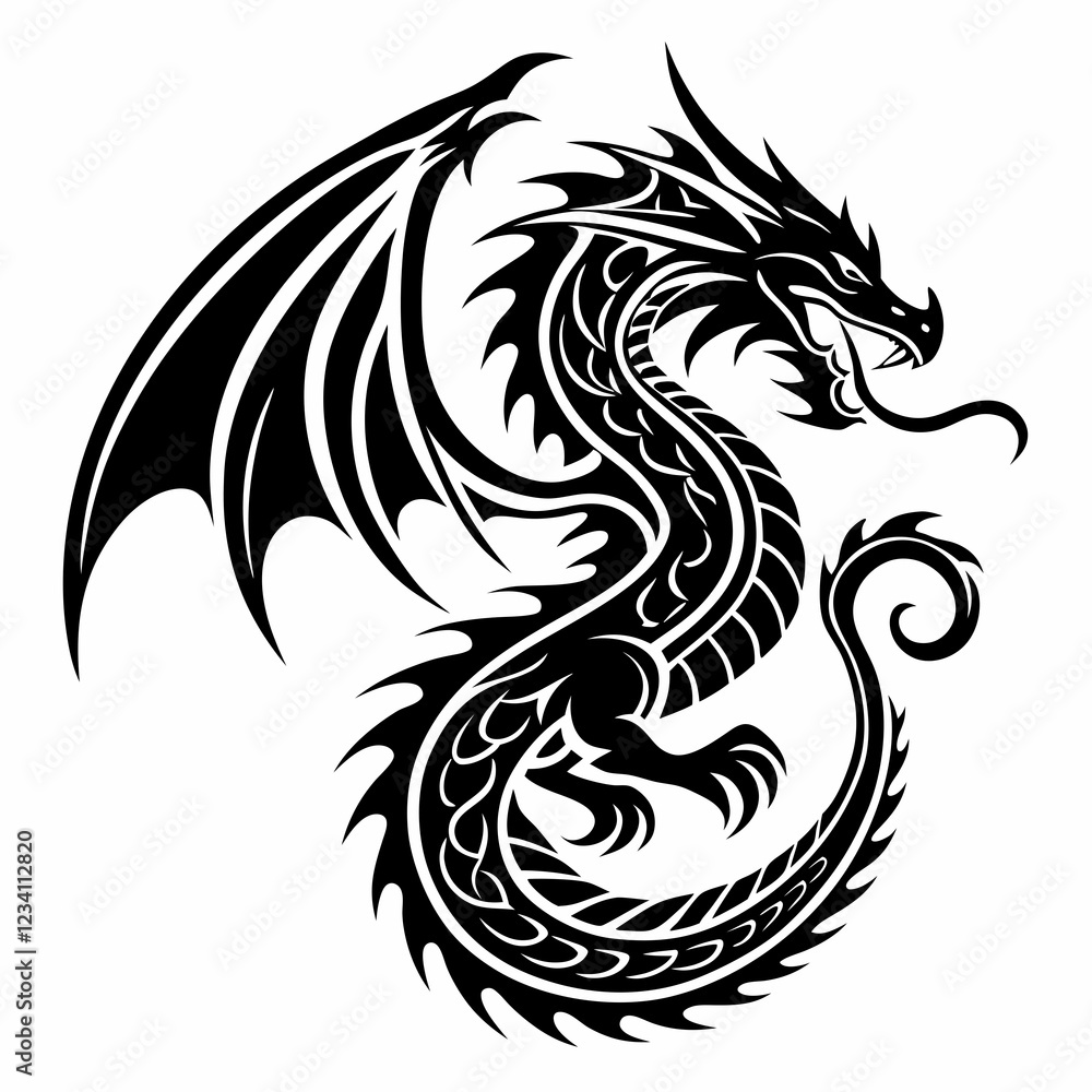 Intricate Black and White Dragon Tattoo Design with Flowing Curves and Detailed Scales Intricate Black and White Dragon Tattoo Design with Flowing Curves and Detailed Scales