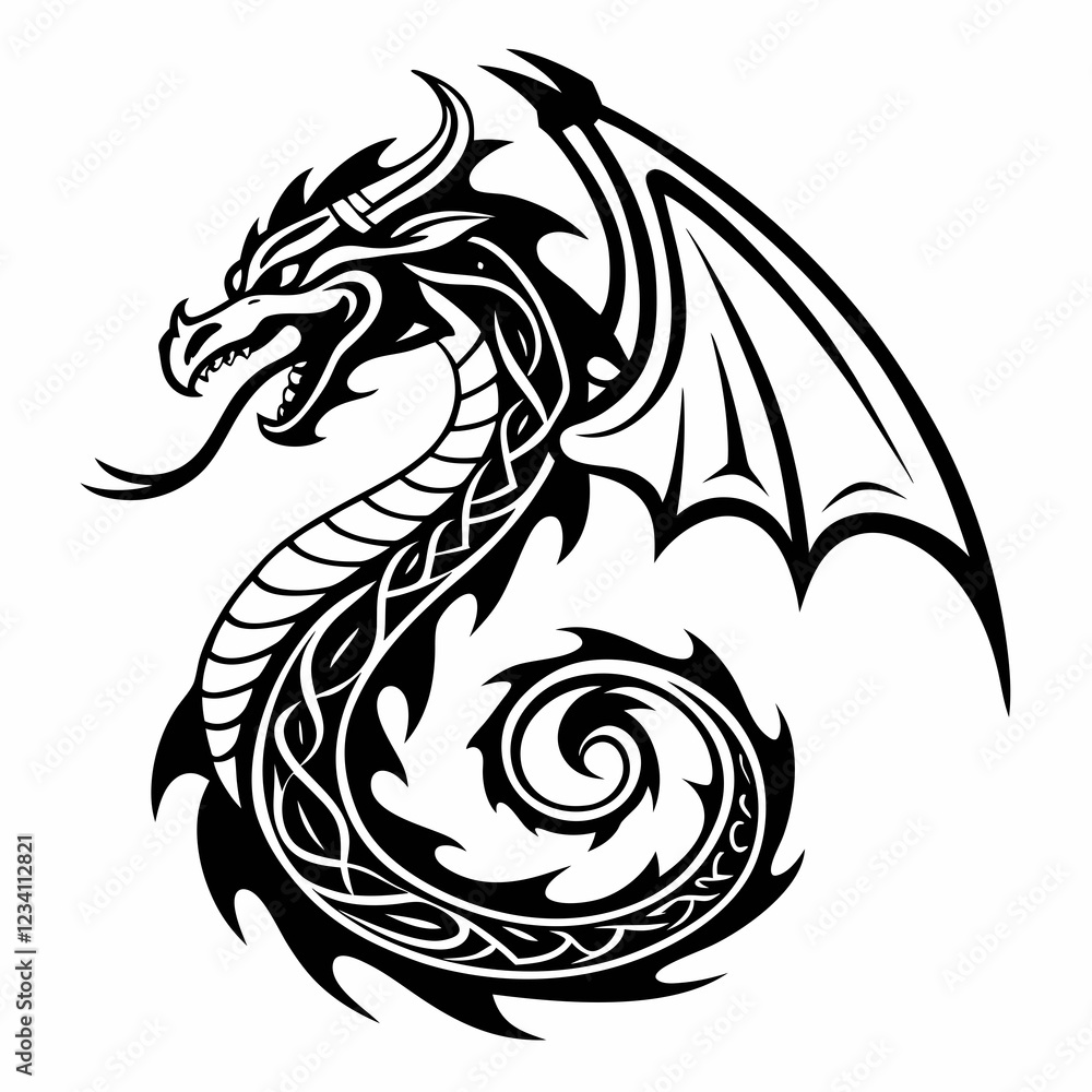 Naklejka premium Intricate Black and White Dragon Tattoo Design with Flowing Curves and Detailed Scales