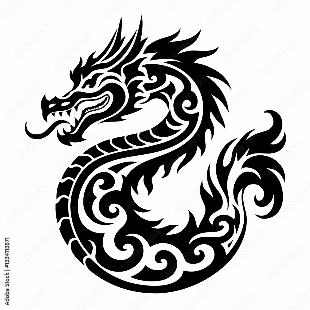Obraz premium Intricate Black and White Dragon Tattoo Design with Flowing Curves and Detailed Scales